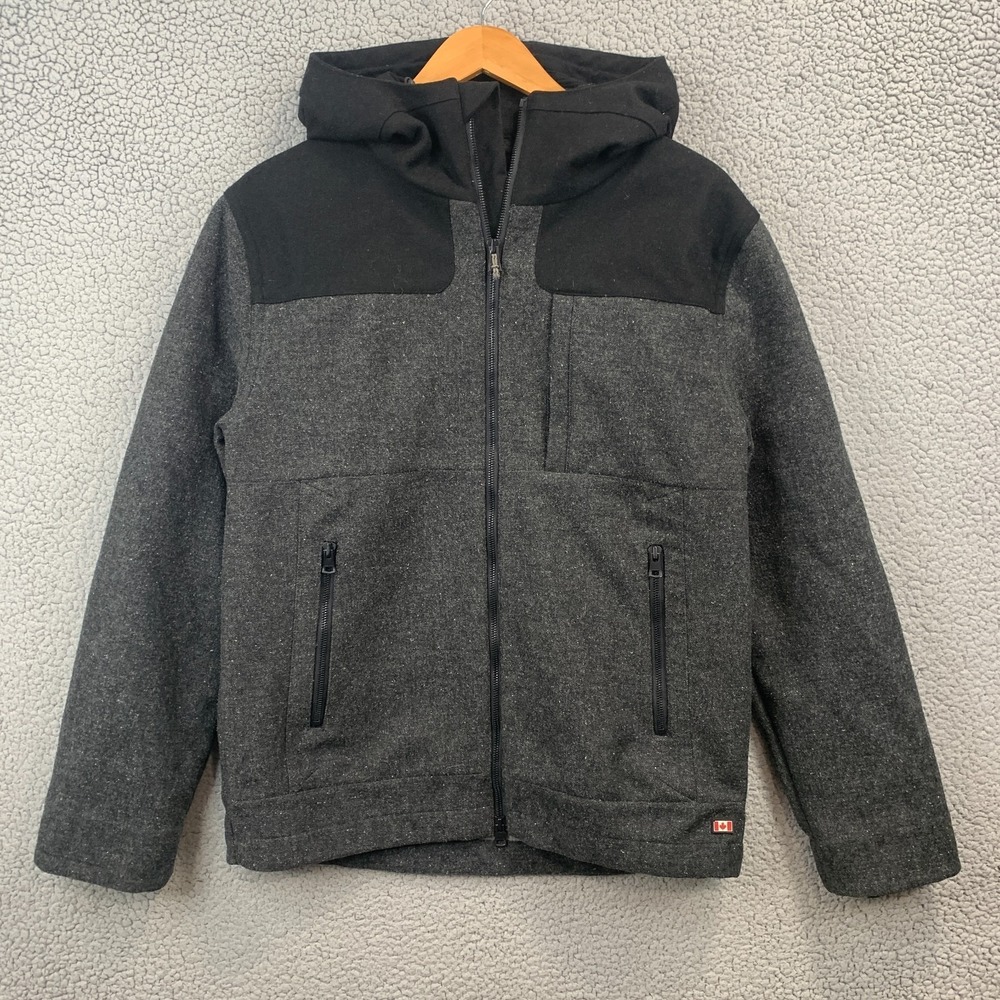 Roots Canada Wool Blend Jacket Hooded Full Zip Gray Black Mens Size Medium